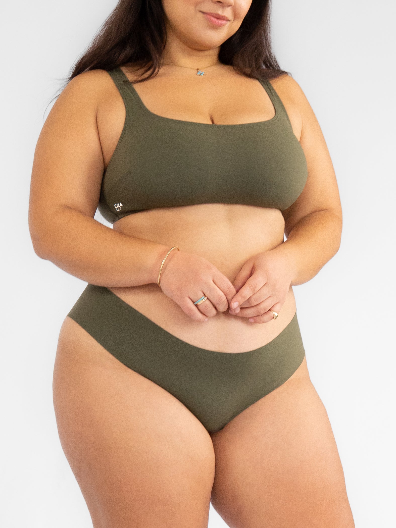 Tank Bra in Wild Olive, front view, model wearing size XL